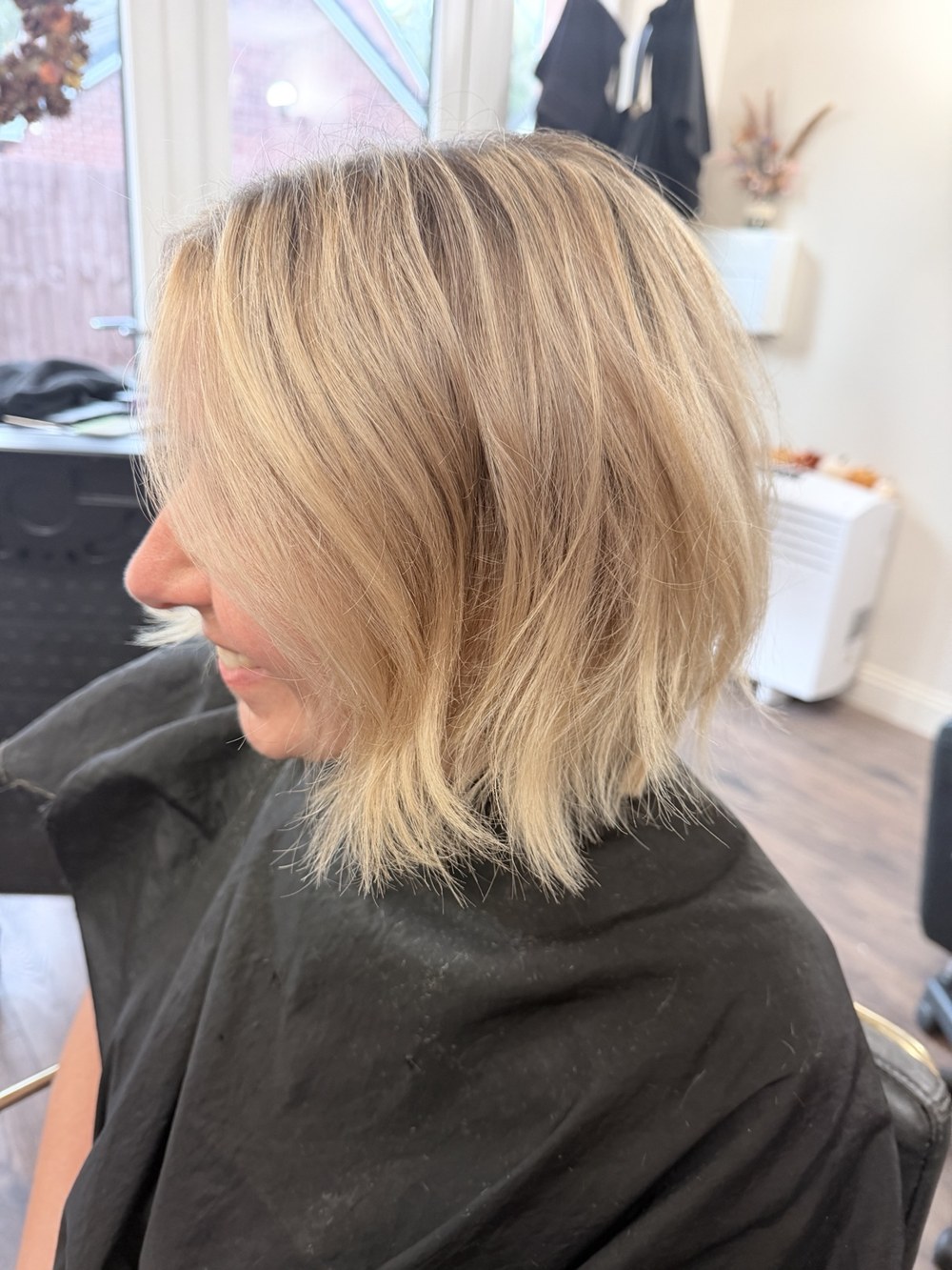 Soft blonde textured bob by Selina at The Room